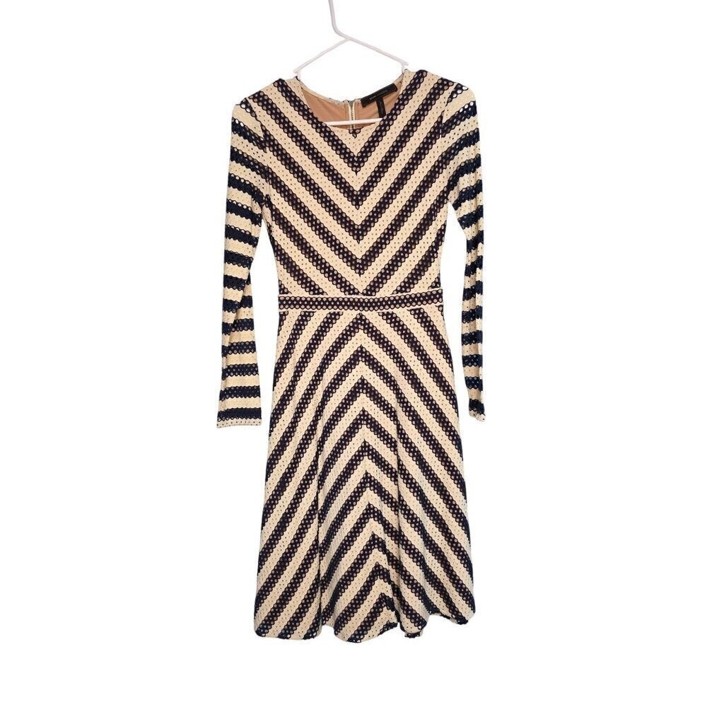 BCBG Max Azria Kristina Dress Long Sleeve Fit & Flare Navy White Zip Back XXS